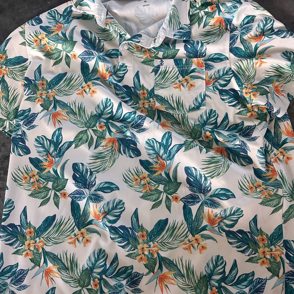 Izod Tropical Floral Polo Shirt - White, Green, Orange